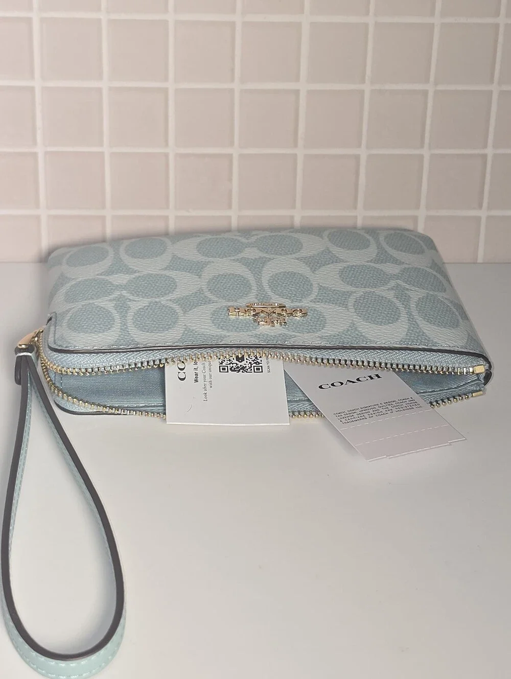 Coach Light Blue Signature Wristlet Pouch with Silver Logo